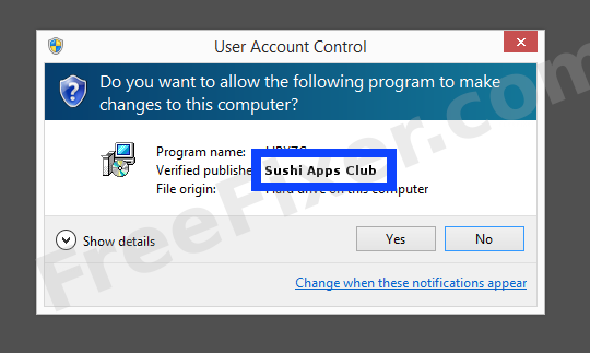Screenshot where Sushi Apps Club appears as the verified publisher in the UAC dialog
